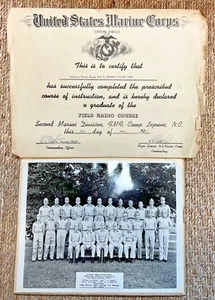 Vintage 1953 US Marine Corps Field Radio Course Class Photo & Certificate - Picture 1 of 2