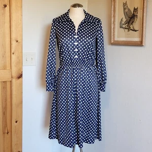 Vintage Handarbeit dunkelblau gepunktet breiter Kragen A-Linie Kunstknopf Kleid - Bild 1 von 4