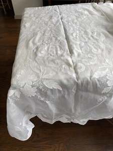 62" x 100" vintage formal linen & voile tablecloth / Apliqued embroidered / oval - Picture 1 of 12