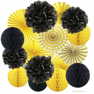All-In-One Hanging Paper Fan Tissue Pompoms Honeycomb Ball Party  (Yellow Black) - Image 1 of 4