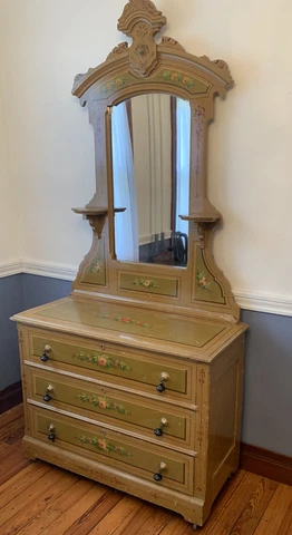 Antique 1900s Victorian Cottage Dresser Painted Floral Mirror Candle Shelf Cover