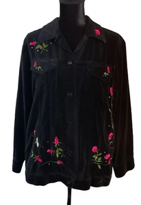 Quacker Factory Medium Rhinestone Rose Embroidered Black Velvet Shacket Top VTG - Picture 1 of 11