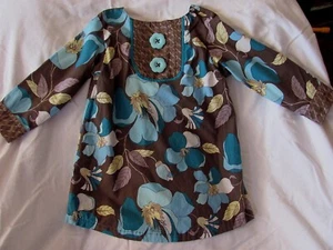 Brown Blue Floral Shirt Dress Size 3-4 Handmade - Picture 1 of 10