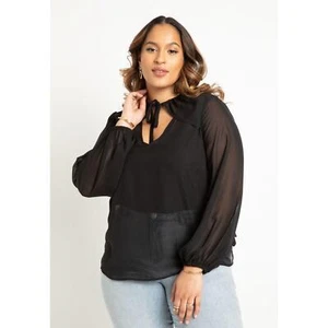 New Eloquii Womans Sz 20 Plus Blouse Neckline Tie Chiffon Long Sleeve Sheer NWT - Picture 1 of 10