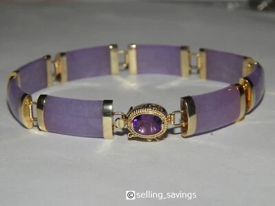14K YELLOW GOLD PURPLE JADE & AMETHYST BRACELET 13.6 GRAMS 7.5 INCHES LONG - Image 1 of 4