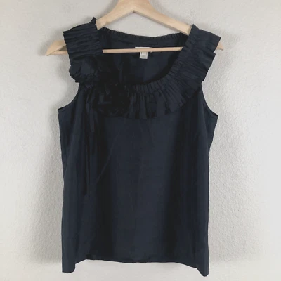 J Crew Shirt Womens 2 Black Silk Pleated Flower Bow Detail Feminine Girlie - Image 1 of 4