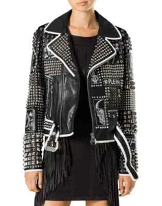 HANDMADE WOMENS PUNK PLEIN FASHION JACKET REAL QUALITY LEATHER STUDDED JACKET - Picture 1 of 4