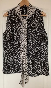 HOBBS Black/White 100% Silk Heart Print Sleeveless Blouse with neck tie, Size 16 - Picture 1 of 4