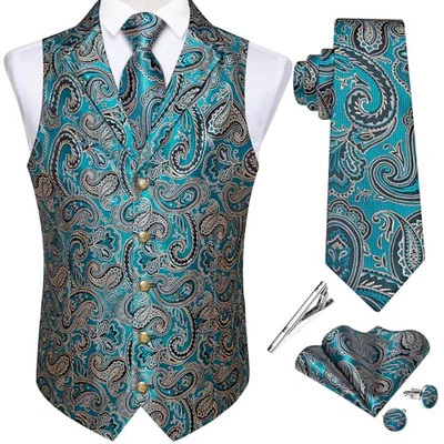  Men's Formal Suit Vest Business Formal Dress Waistcoat Vest Large Teal Paisley - Image 1 of 4