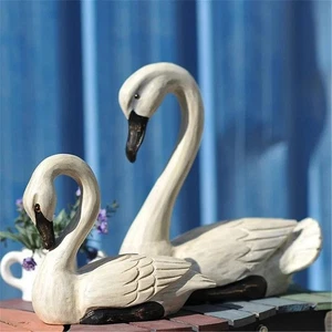 2 Pcs Wooden Swan Elegant White Swan Statue, Hand Carved Goose Figurine for Home - Picture 1 of 8