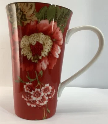 222 FIFTH Fleur Rouge Porcelain Tall Coffee Cup Beautiful Florals Red 16oz - Image 1 of 4