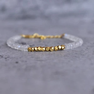 Golden Pyrite & Moonstone Faceted Rondelle 3-5MM Gemstone Beaded Bracelet 6-8" - Picture 1 of 13