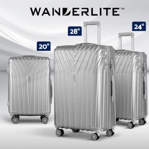 Wanderlite 3pc Luggage Trolley Set Suitcase Travel TSA Hard Case Carry On Silver - Picture 1 of 11