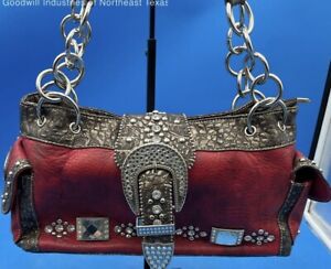 Western Purse Rustic Coutures Handbag Red, Brown, Rhinestone & Buckle Rodeo