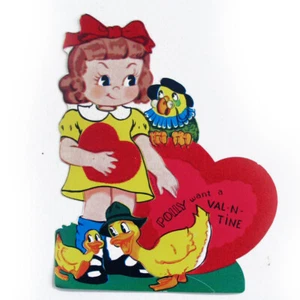Tarjeta de San Valentín troquelada de colección años 50 niña patos loro terciopelo rojo difuso 6""x5", como nueva - Imagen 1 de 4
