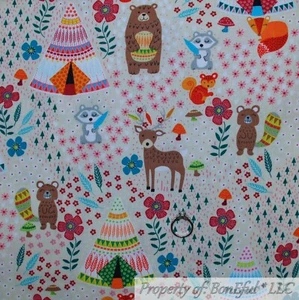 BonEful Fabric FQ Cotton Quilt Tan Brown Woodland Tent Animal Camp Bear Flower S - Picture 1 of 12