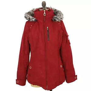 ZEROXPOSUR Puffer Coat Size S Zip Fur Hooded Embroidered Garnet Red EUC B38 - Picture 1 of 6