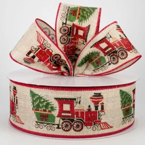 5 yds, CHRISTMAS TRAIN RIBBON for DOOR WREATH LANTERN TREE rb - Picture 1 of 2