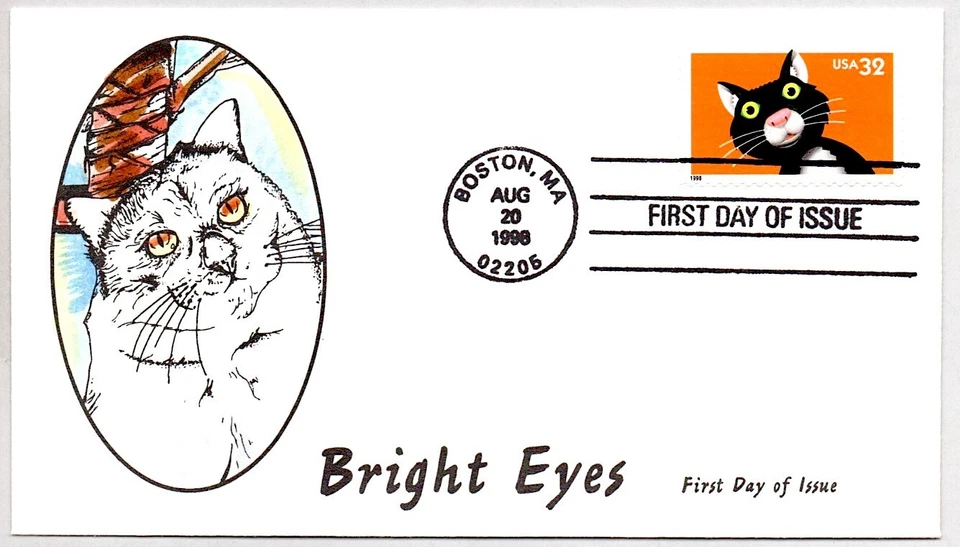#3232 BRIGHT EYES SERIES CAT STAMP FIRST DAY OF ISSUE, HAND COLORED FDC FDC - Image 1 of 1