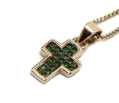 Collana tutta argento 925 croce piccola zirconi verde smeraldo collier da donna - Immagine 1 di 3