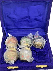 Blue Velvet Box Set of Five Brass Vases Decor Pet Urns 2.5 Inches High with Lids - Picture 1 of 12