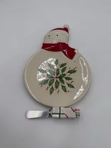 Plato de queso muñeco de nieve Lenox con esparcidor vacaciones de Navidad muérdago - Imagen 1 de 5