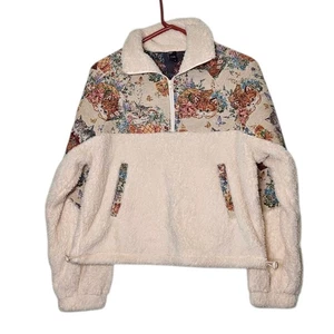CIDER Tapestry Floral Cat Pullover Fleece Sherpa Jacket Half Zip Cozy Animal S - Picture 1 of 11