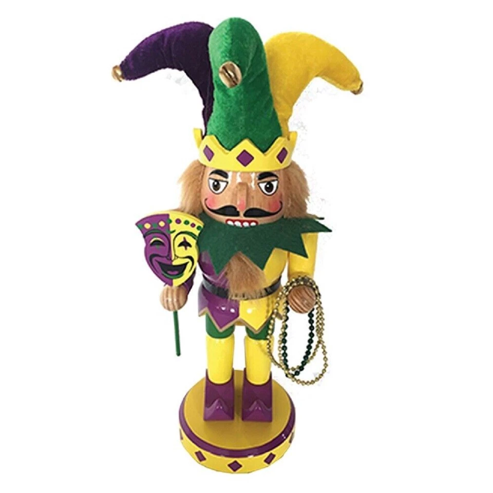 Mardi Gras Jester with Beads and Mask Wooden Christmas Nutcracker 10 inch New - Image 1 of 1