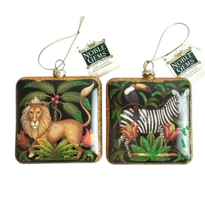 Two 3.5" Square Kurt S Adler Noble Gems Safari Lion & Zebra Glass Ornaments - Picture 1 of 5