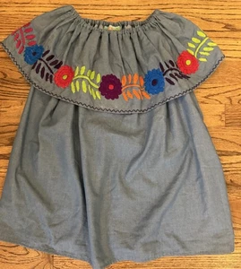 Nativa Shop Mexican Top Embroidered Chambray Blue W Multicolor Floral SZ Med - Picture 1 of 5