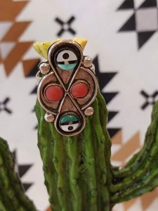 Vintage ZME ZUNI NM Dual Sun Face Coral & Turquoise Ring Size 9 - Picture 1 of 11
