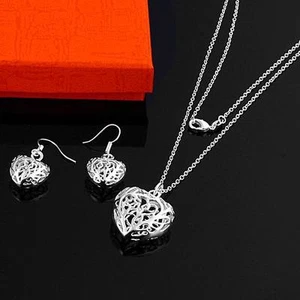 women lady silver Plated Fashion Beautiful cute Heart Necklace Earring set S2 - Picture 1 of 1