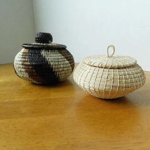 Hand Woven Grass Coiled Baskets Lidded Small Round Striped Estate Lot of 2 MINT Cover