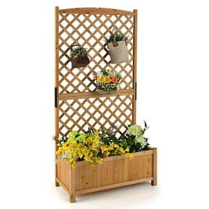 71" Tall Raised Garden Bed Wooden Planter w/ Trellis for Flower Climbing Plant - Picture 1 of 10