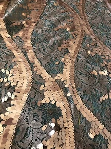 Sequin Lace FABRIC 1 Metre CRAFT SEWING. Beige Gold Evening Wear Mesh Lace - Picture 1 of 7