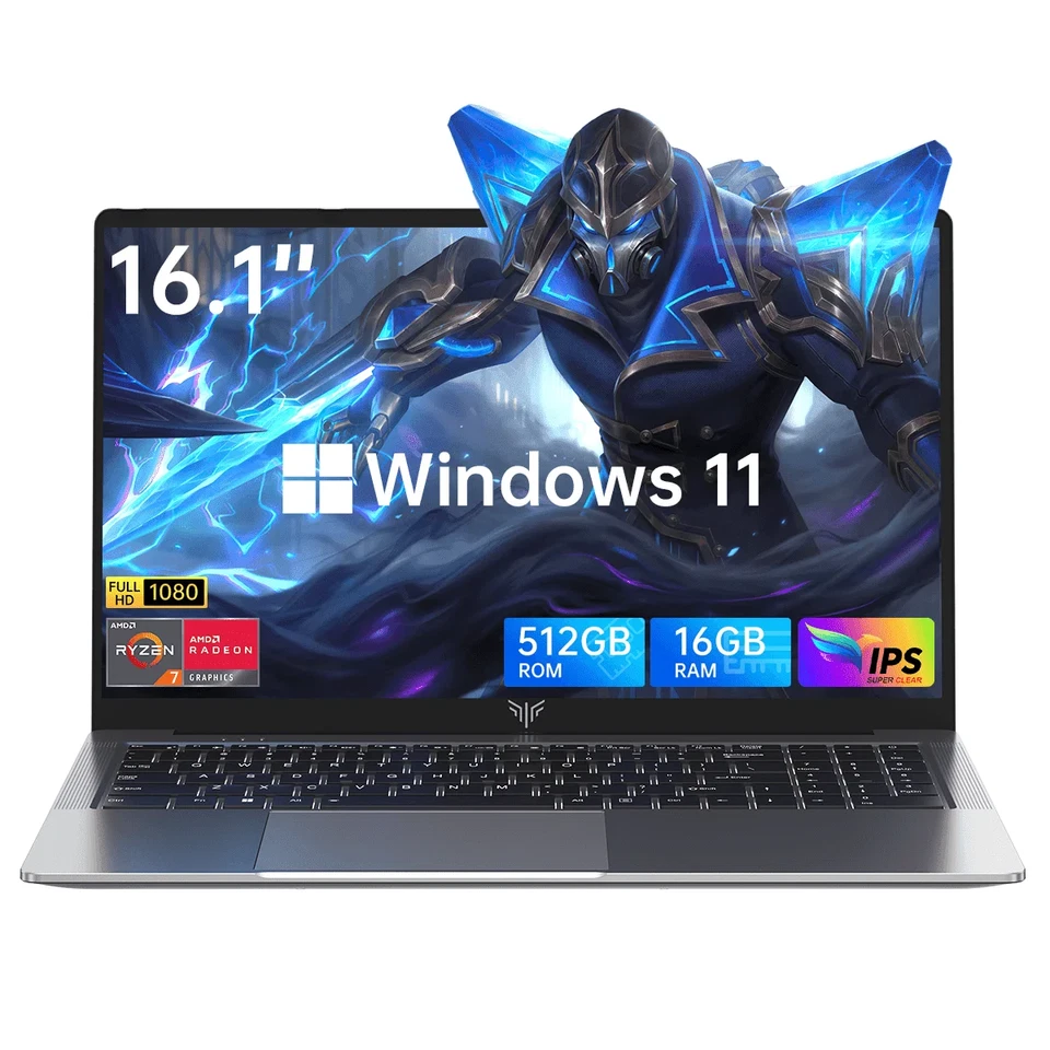 16.1 FHD Gaming Laptop, AMD Ryzen 7 5700U, 16GB RAM, 512GB SSD, Windows 11, Gray - Image 1 of 4