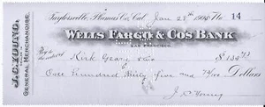 RARE 1896 TAYLORSVILLE CALIF CHECK SIGNED JC YOUNG, WELLS FARGO AGENT Pink Paper - Picture 1 of 1