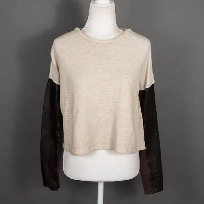 Elizabeth and James Beige/Brown Cotton Knit Leather Sleeve Top Women's - SZ XS - Image 1 of 4