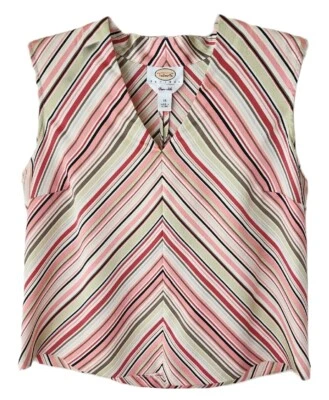 Talbots Petites 100% Silk Blouse 14 Pink Stripe V Neck Sleeveless Side Zipper - Image 1 of 4