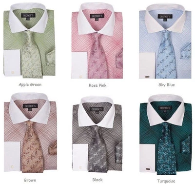 男式格子/格子正装衬衫带领带和汉基套装法国袖口 AH624 — 第 1/4 张图片