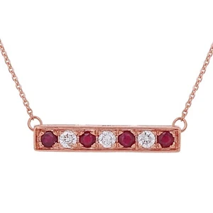 14k Rose Gold 0.15ctw Ruby & Diamond Bar Pendant Layer Necklace 18" - Picture 1 of 4