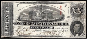 April 6, 1863 The Confederate States of America $20 Note Obsolete Banknote T-60 - Picture 1 of 2