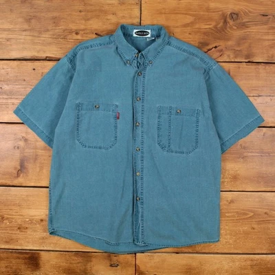Vintage Bugle Boy Casual Shirt Button L 90s Mens Short Sleeve Blue Solid - Image 1 of 4