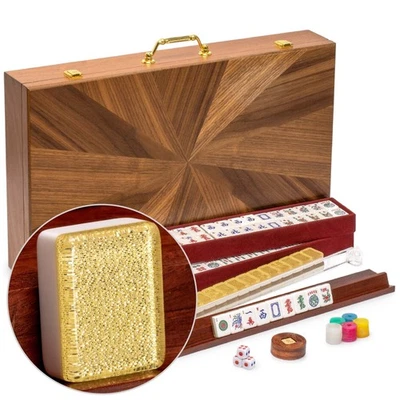 American Mahjong "Golden Fortune" Gold Glitter Tiles Wooden Case US-AF019-B New - Image 1 of 4