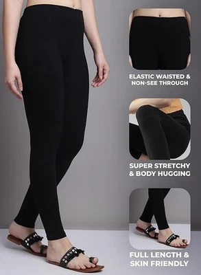 Ladies Pack of 2 Cotton Elastane Plain Stretchy Soft Ankle Length High Rise — 第 1/4 张图片