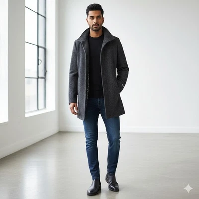 New Men's Original Penguin Wool Blend Top Coat 40R Medium Herringbone Gray - Image 1 of 4