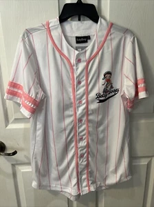 Betty Boop Pinstripe Button Up Baseball Novelty Jersey Pink White Stripe Size Sm - Picture 1 of 9