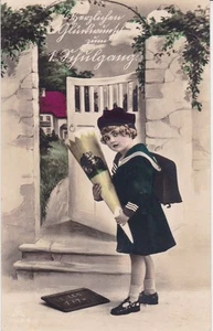 cartolina antica, auguri primo ciclo, bambina + bustina zucchero - Foto 1 di 1