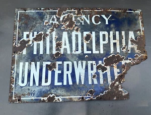 Antike Agentur Philadelphia Underwriters Porzellan Versicherung Werbeschild - Bild 1 von 7