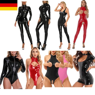 iEFiEL DE Damen Lack Leder Bodysuit Schritt offen Wetlook Jumpsuits Clubwear - Bild 1 von 3